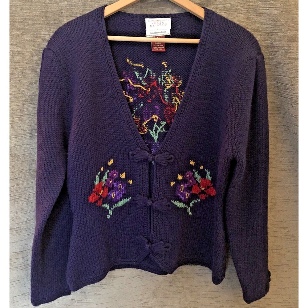 Vintage Susan Bristol Pure Wool Cottage Core Romantic Floral Cardigan Sweater M